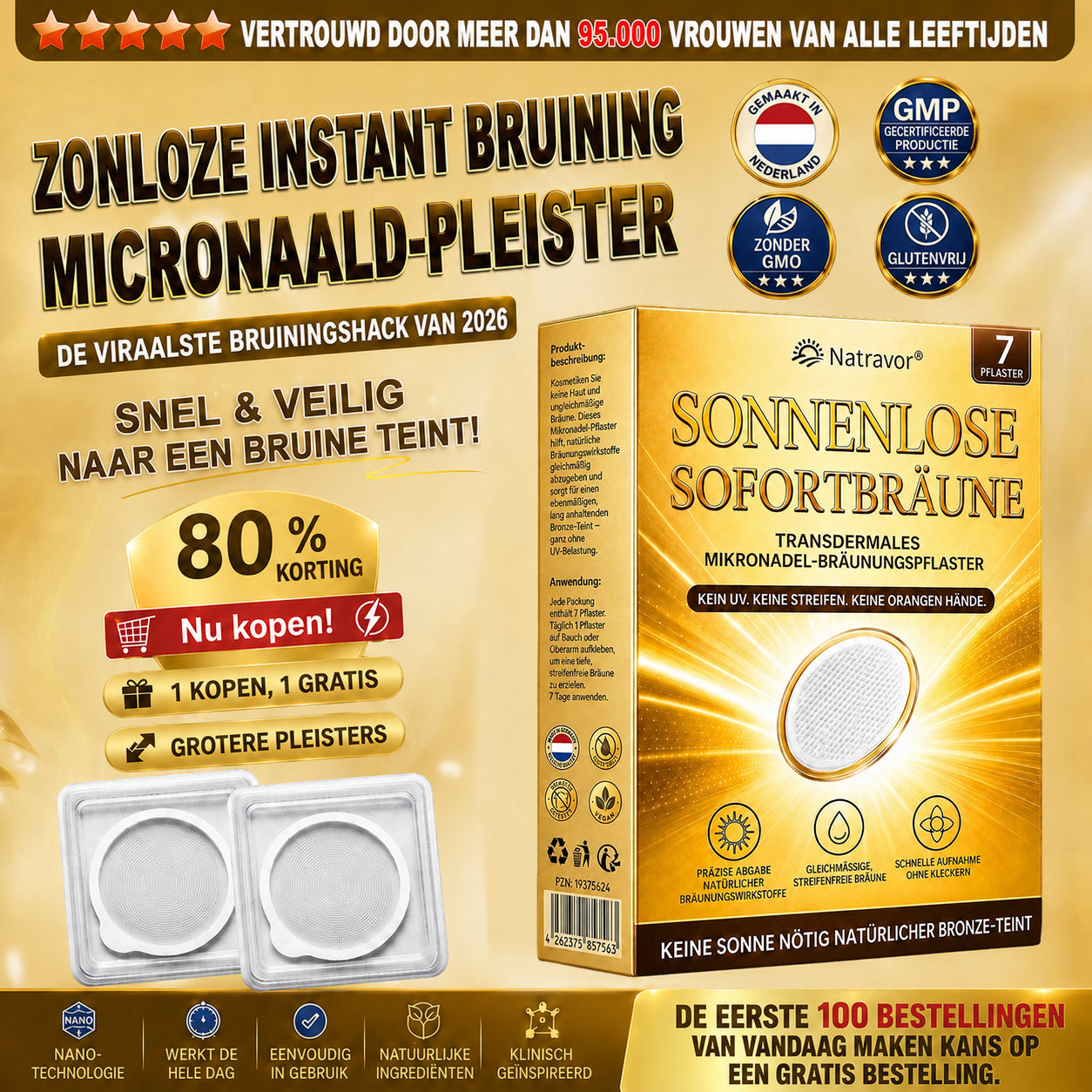 ⭐ 𝗡𝗮𝘁𝗿𝗮𝘃𝗼𝗿® Micronaald-bruiningspatch: Natuurlijke bronzen glow zonder UV & DHA